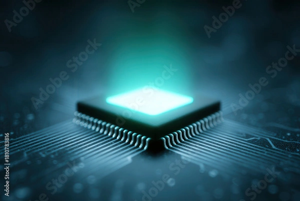 Obraz Glowing microchip futuristic technology electronic circuit blue light digital innovation computer hardware closeup modern processor data transfer high tech