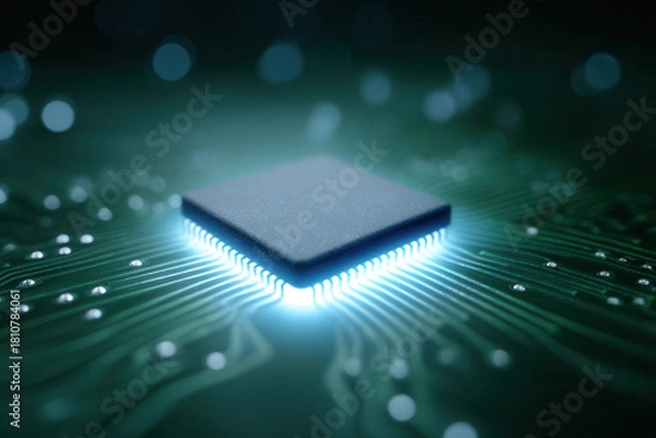 Obraz Microchip semiconductor technology circuit electronic glowing green board futuristic innovation closeup create glowing microchip green circuit board representing advanced technology and innovation