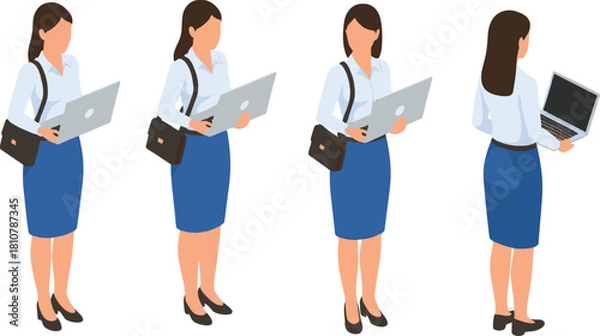 Obraz Isometric business woman standing with laptop in multiple poses, professional office character wearing formal outfit for corporate workplace illustration