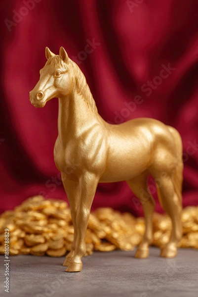 Obraz Golden horse figurine standing on gray surface with red velvet fabric background, symbolizing wealth and luxury, elegant and decorative, perfect for interior design or festive celebration