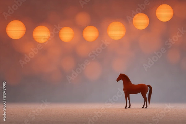 Obraz Brown horse figurine stands on sandy surface under glowing orange lanterns, with soft bokeh background creating dreamy, festive atmosphere
