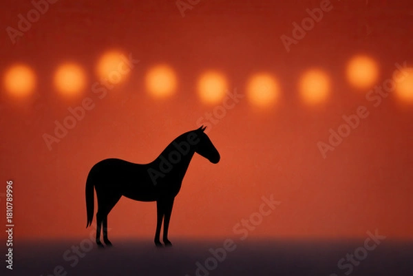 Obraz Silhouette horse orange background glowing bokeh lights minimalistic style peaceful mood animal standing side view creative concept dreamy atmosphere