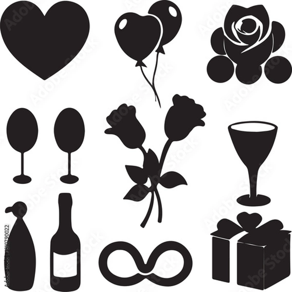 Fototapeta A set of gift box icons with various wine, champagne, and cocktail glass illustrations for party and celebration beverage design.