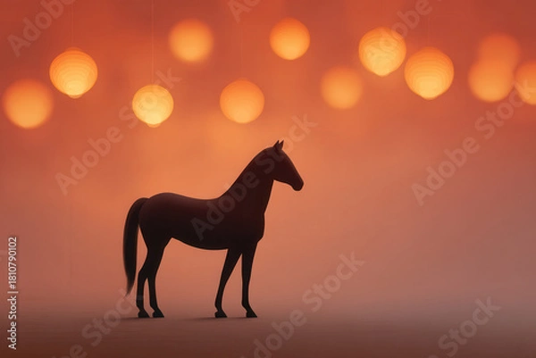 Obraz Silhouette horse standing under glowing lanterns, warm orange light creates dreamy, peaceful atmosphere, soft shadows and gentle mist enhance magical evening mood