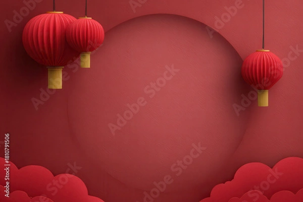 Obraz Red lantern circle frame paper cut cloud festive traditional Asian decoration celebration hanging background create joyful atmosphere for festival or holiday event design