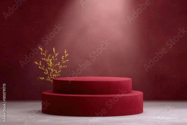 Obraz Red round podium with soft spotlight, minimalistic stage design, yellow floral branch accent, elegant display for product presentation, modern interior, calm atmosphere