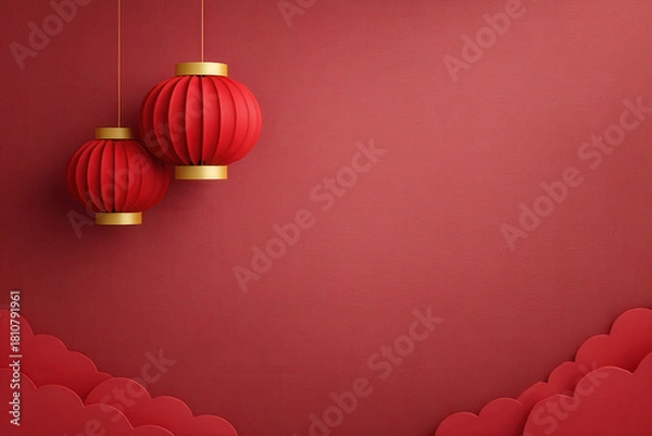 Obraz Red lantern gold accent hanging festive traditional Asian celebration decoration background minimal design. Red lanterns with gold accents hang against red background with cloud patterns creating