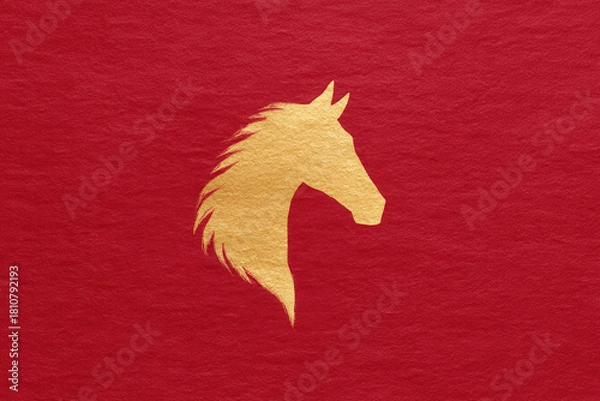 Obraz Golden horse head silhouette, elegant and majestic, centered on textured red background, symbolizing strength, power, and prosperity, suitable for decoration or festive design