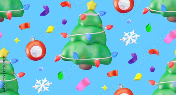 Fototapeta Seamless pattern with 3D elements for Christmas and New Year. Festive background with a Christmas tree and garland, a Christmas tree ornament, a snowflake, and confetti. 3D vector.