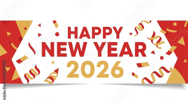 Fototapeta Celebrate 2026 New Year with festive confetti and elegant gold accents, perfect for holiday promotions and vibrant seasonal greetings for all your customers