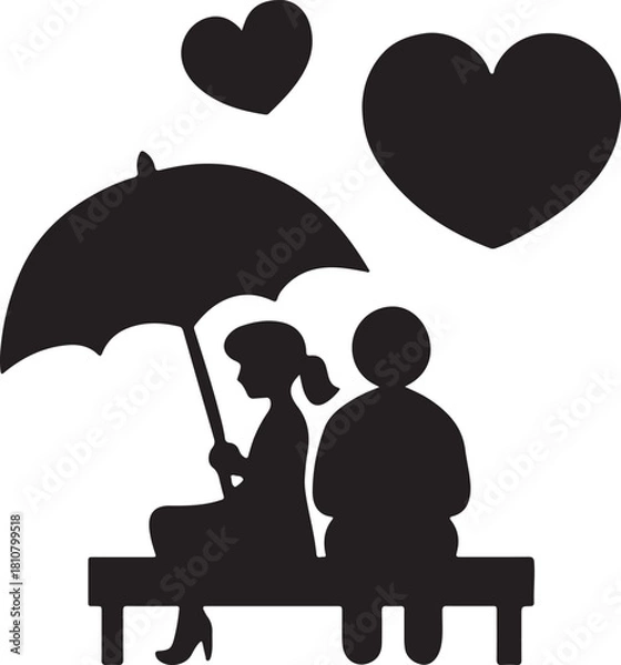 Obraz A couple in silhouette holding an umbrella for protection from the rain while sitting on a bench