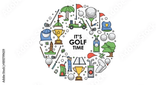Fototapeta A vibrant circular illustration showcasing essential golf equipment, a player, and trophies, with 'IT'S GOLF TIME' prominently displayed.
