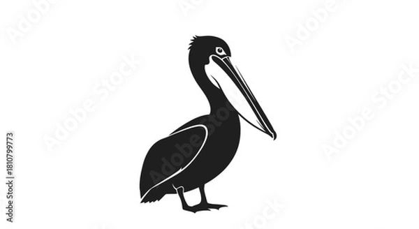 Fototapeta Stylized black and white illustration of a pelican, highlighting its characteristic long beak and prominent throat pouch while standing.