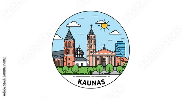 Fototapeta A vibrant vector illustration capturing the iconic cityscape of Kaunas, Lithuania, showcasing its historic architecture and modern skyline under a sunny sky.