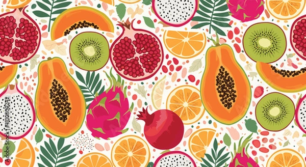 Fototapeta Colorful tropical fruit seamless pattern featuring vibrant illustrations of papayas, kiwis, pomegranates, dragon fruits, and citrus slices.