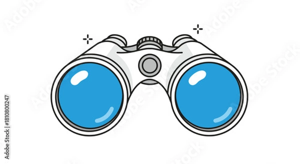 Fototapeta Bright white cartoon binoculars with vibrant blue lenses and subtle sparkle accents, representing concepts like search, vision, and discovery.