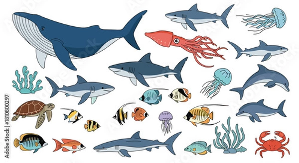 Fototapeta Hand-drawn illustration of diverse marine life, featuring a whale, sharks, fish, and other aquatic creatures on a white background.