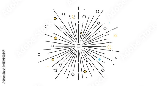 Fototapeta Geometric starburst explosion design with radial lines, shapes, and colorful dots emanating from a central point illustration.