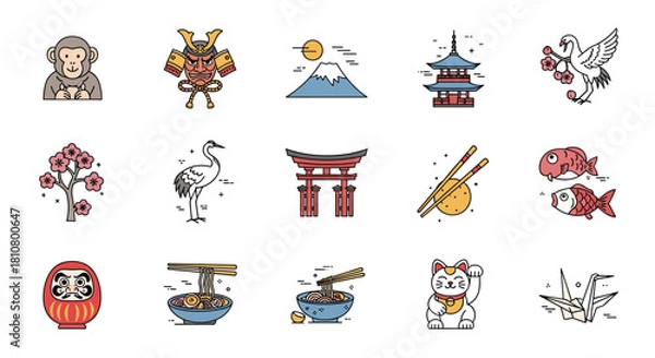 Fototapeta A vibrant set of flat line icons showcasing popular Japanese culture, iconic symbols, famous landmarks, and traditional food.