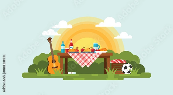 Fototapeta Picnic scene with guitar, food, drinks, and a soccer ball under a sunny sky.