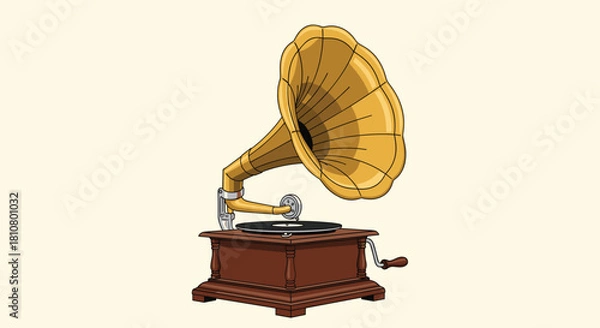 Fototapeta Vintage gramophone illustration on a beige background, a retro audio player concept.