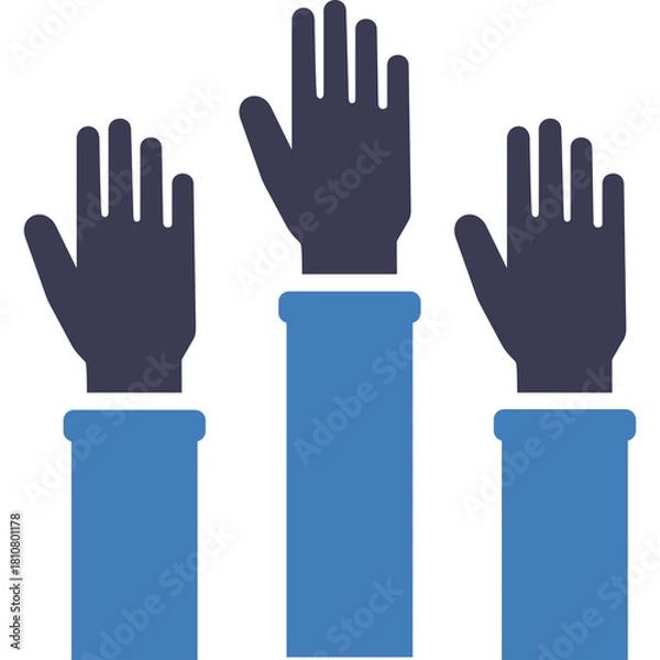 Fototapeta Group of three raised hands in blue and dark blue with transparent background representing voting participation and asking questions in a flat design illustration
