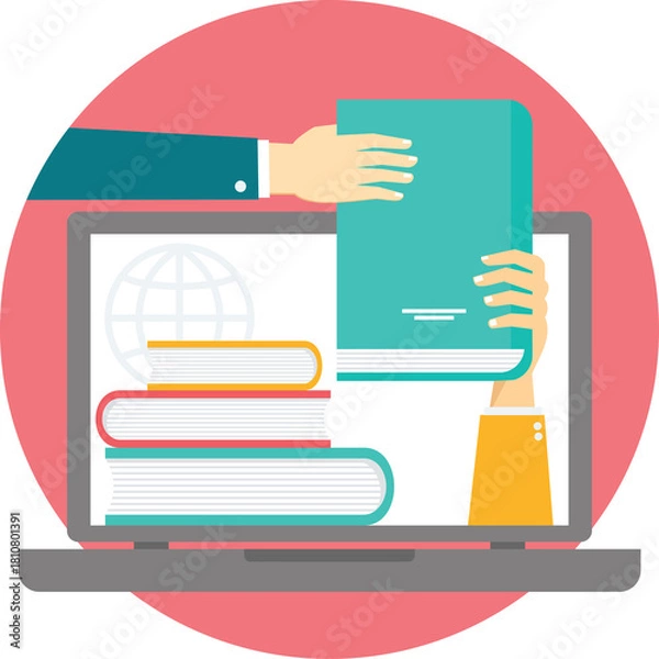 Fototapeta Hands exchanging a book over a laptop screen with stacked books and a globe icon on a pink circular background representing online education and digital learning resources