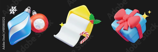 Obraz 3D vector illustration Christmas Holiday Decorations: Christmas tree decorations, yellow envelope with letter for santa claus and Candy Cane, Blue Present Box with Red Bow.