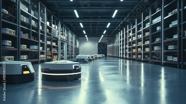 Obraz Automated Warehouse with Autonomous Mobile Robots for Efficient Logistics.