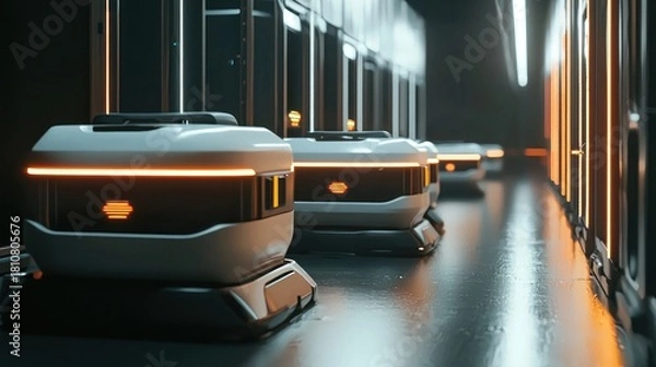 Fototapeta Futuristic Delivery Robots in a Modern Industrial Setting.