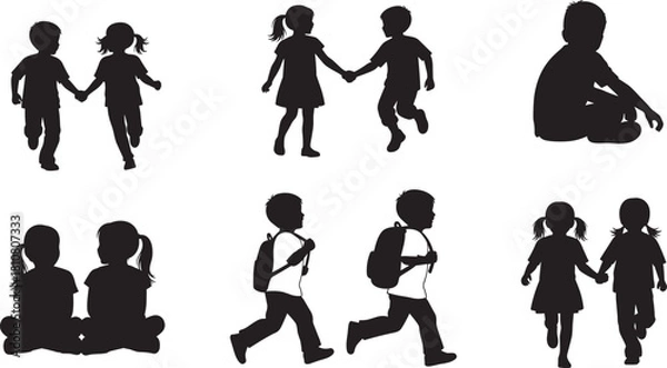 Obraz Silhouettes of Young Children and Students in Various Poses: Running, Sitting, and Walking with Backpacks, Symbolizing Childhood, Education, Friendship, Back to School, and Playtime Activities.