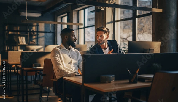 Fototapeta Professional business communication between two coworkers in modern open office, discussing work at sunset, natural light, teamwork, collaboration, positive atmosphere, casual yet focused mood