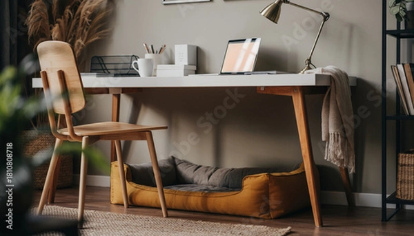 Fototapeta Modern home office with wooden desk, laptop, tech accessories, and cozy pet bed under desk, warm lighting, and organized workspace create comfortable and inviting atmosphere