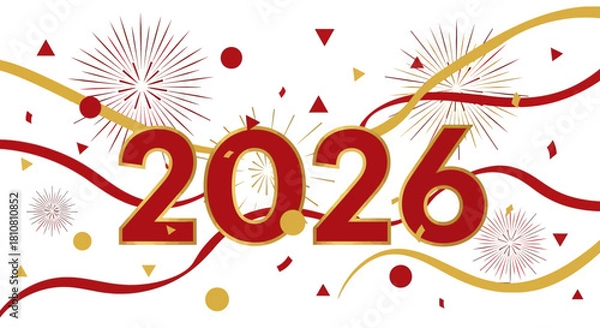 Fototapeta Celebrate 2026 with festive fireworks and ribbon design, perfect for new year promotions and event announcements, a modern and vibrant design element