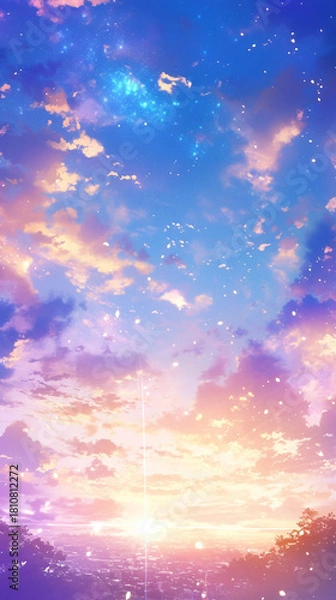 Fototapeta アニメ調のキラキラ輝く夜明けの背景イラスト