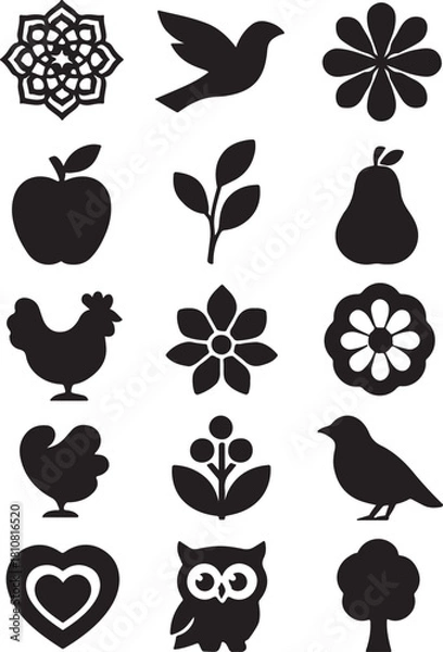 Obraz Vector black floral icon set with leaf, flower, butterfly, and plant silhouettes for seamless pattern design illustration