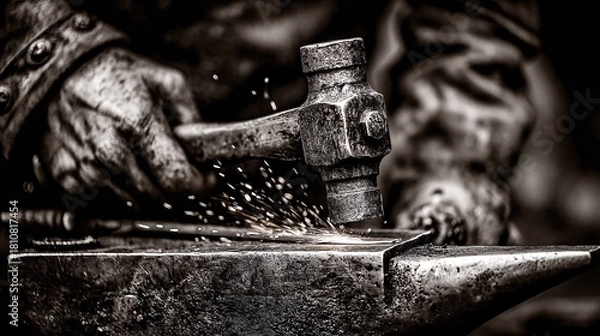 Fototapeta Blacksmith Hammering Metal with Sparks Flying in Workshop Scene