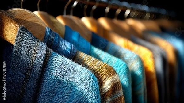 Fototapeta Colorful Textiles Hanging on Wooden Hangers in Soft Lighting