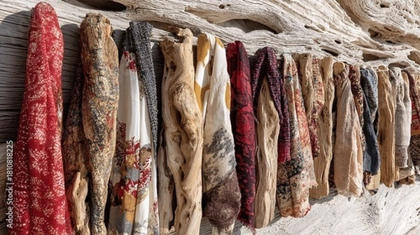 Fototapeta Textured Fabrics Displayed on Driftwood Along a Coastal Environment