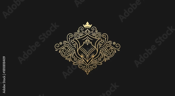Obraz Elegant golden ornate emblem with a crown and intricate scrollwork on a black background, featuring a luxurious design.