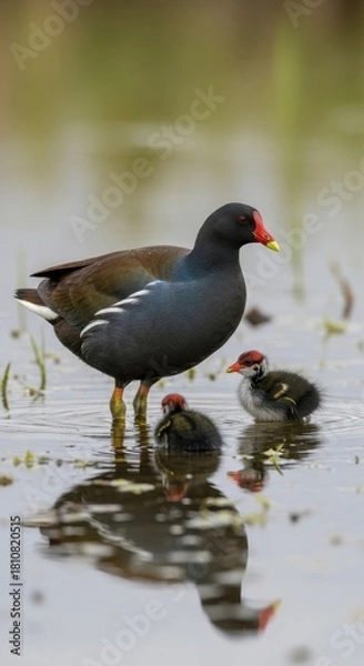 Obraz Moorhen family wading through shallow water, featuring a mother bird protecting its young chicks