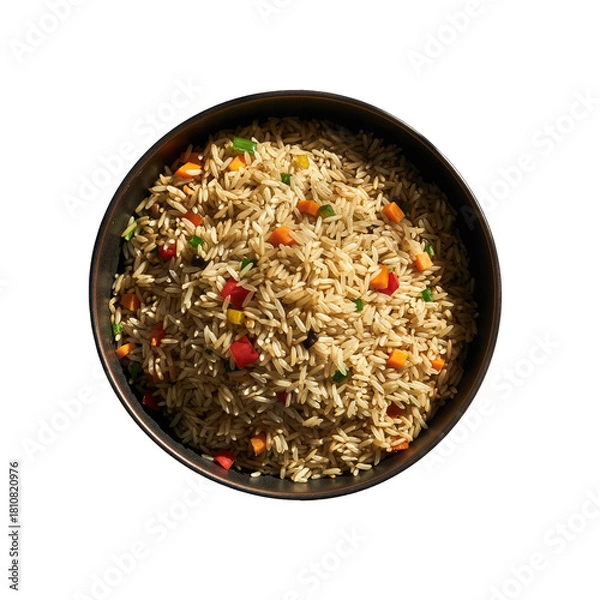Obraz Overhead View Of A Bowl Of Vegetable Fried Rice With Colorful Bell Peppers And Peas Isolated On A Black Background With Dramatic Lighting
