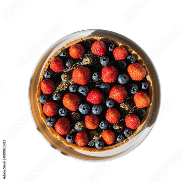 Obraz Overhead view of a delicious whole berry tart with strawberries and blueberries on a white plate illuminated by natural sunlight casting dramatic shadows on a black background