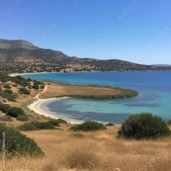 Obraz Picturesque shoreline vista merging teal waters and sunlit terrestrial topography in a serene