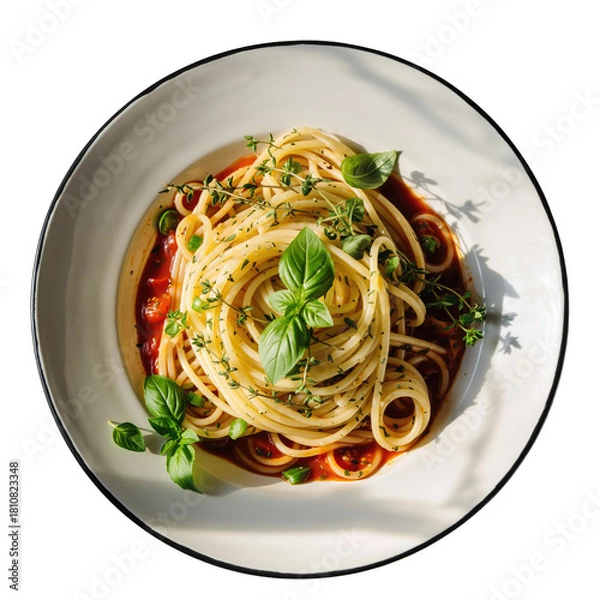 Obraz Overhead View of Spaghetti With Tomato Sauce and Fresh Basil Garnished With Herbs Served on a White Plate With Soft Sunlight