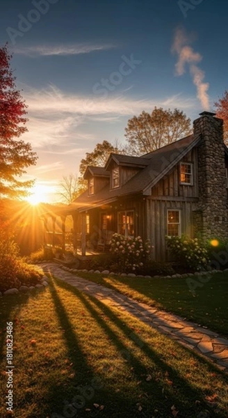 Obraz Secluded woodland cabin illuminated by the radiant glow of a serene sunset landscape