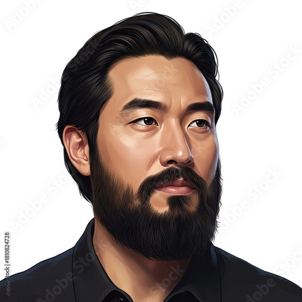 Obraz Portrait of an Asian Man with Full Beard and Dark Hair Wearing a Black Collared Shirt Captured in Studio Lighting with a Dark Background