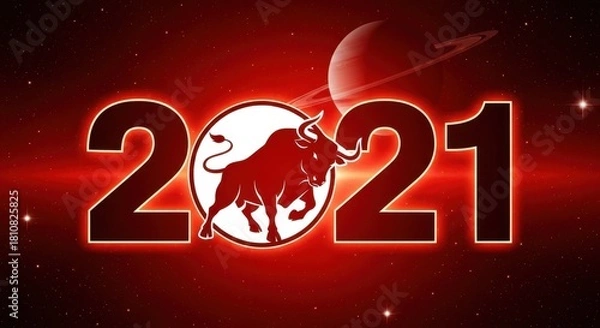 Obraz Symbolic zodiac illustration featuring a powerful ox against a cosmic backdrop of 2021