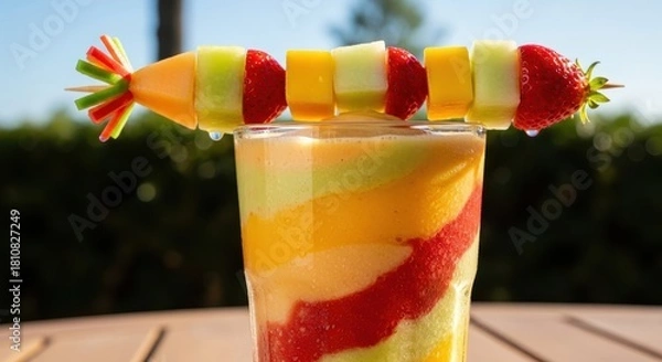 Obraz Vibrant layered fruit smoothie topped with a creative fruit skewer on a bright day