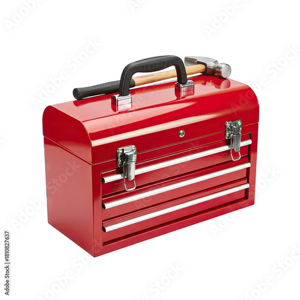 Obraz Red Metal Toolbox with Hammer on Top Isolated on Black Background Featuring Multiple Drawers and Silver Latches